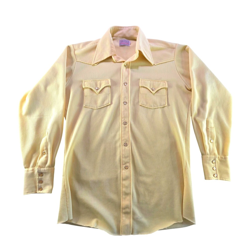 H Bar C Ranchwear‎ Vintage 70s Western Corduroy Shirt Yellow Long Tail 16-34